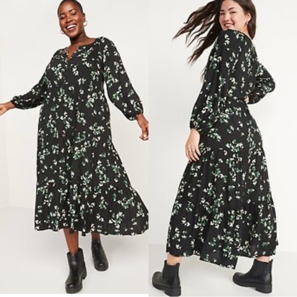 Old Navy Black Floral Square Neck Flowy Sleeve Button Front Maxi Dress X… - Picture 1 of 11